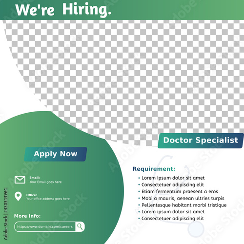 Hiring recruitment open vacancy design. We are hiring medical team or staff, banner, poster, announcement job for hospital