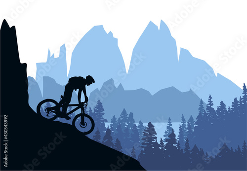Silhouette of mountain bike rider in wild nature landscape. Mountains, forest and lake in background. Blue illustration.