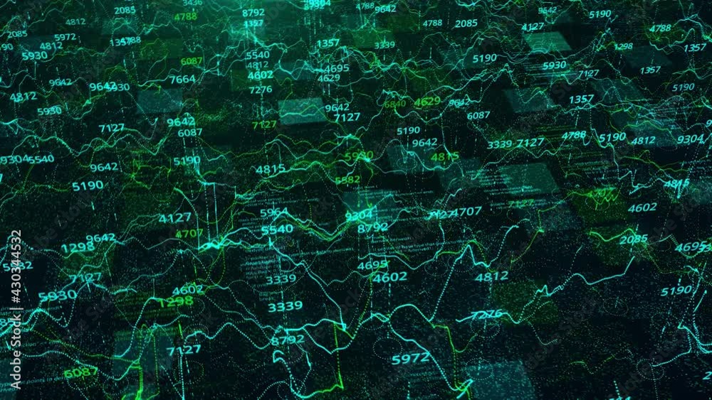 Technological background with the analytics and statistics data with graphs on black background. Animation. Green and blue changing graphics and numbers.