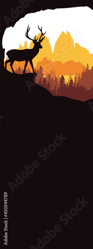 Vertical banner of deer with antlers posing on the top of the hill with mountains and the forest in background. Silhouette with orange and brown background  illustration. Bookmark. Text insert.