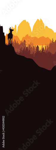Vertical banner of mountain goat posing on the top of the hill with mountains and the forest in background. Silhouette with orange and brown background  illustration. Bookmark. Text insert.