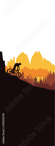 Vertical banner with mountain bike rider in wild mountain nature landscape. Orange  black and white illustration. Bookmark. Text insert. 
