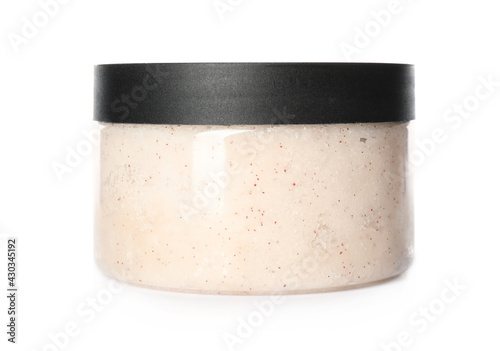 Body scrub in jar isolated on white