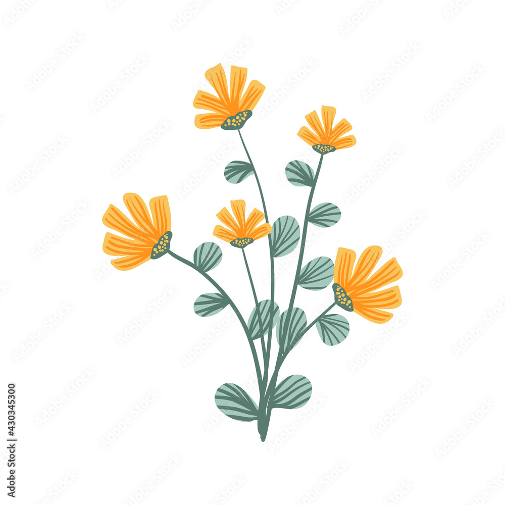 Retro style flower in vibrant colors. Isolated on white for greeting cards, Easter, Thanksgiving, scrap booking. Spring floral botanical vector illustration, trendy tiny tattoo design