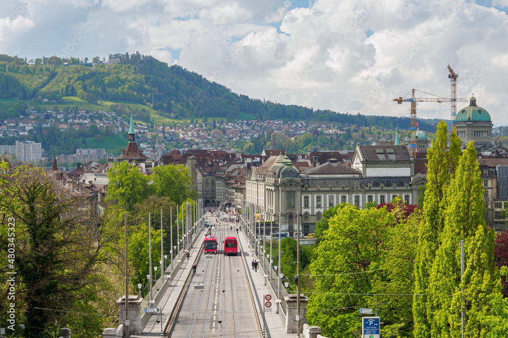 Public transport. Red buses in the city of Bern, Canton Bern, Switzerland