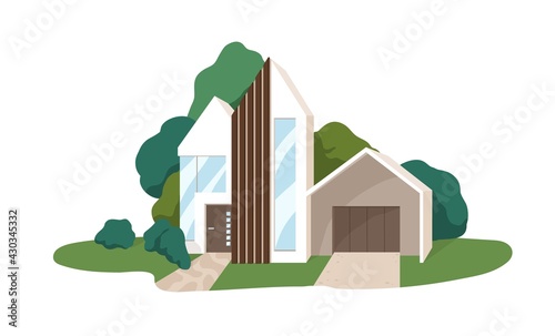 Modern house building exterior. Minimalistic contemporary villa architecture....