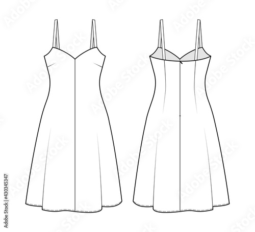 Fashion technical drawing od silk dress with straps. Fashion illustration of elegant dress.