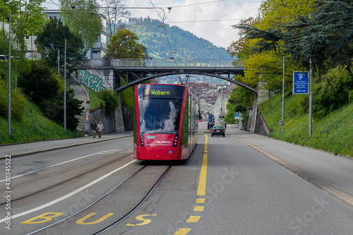 Red tram number 9 in Bern goes to Wobern, Canton Bern, Switzerland