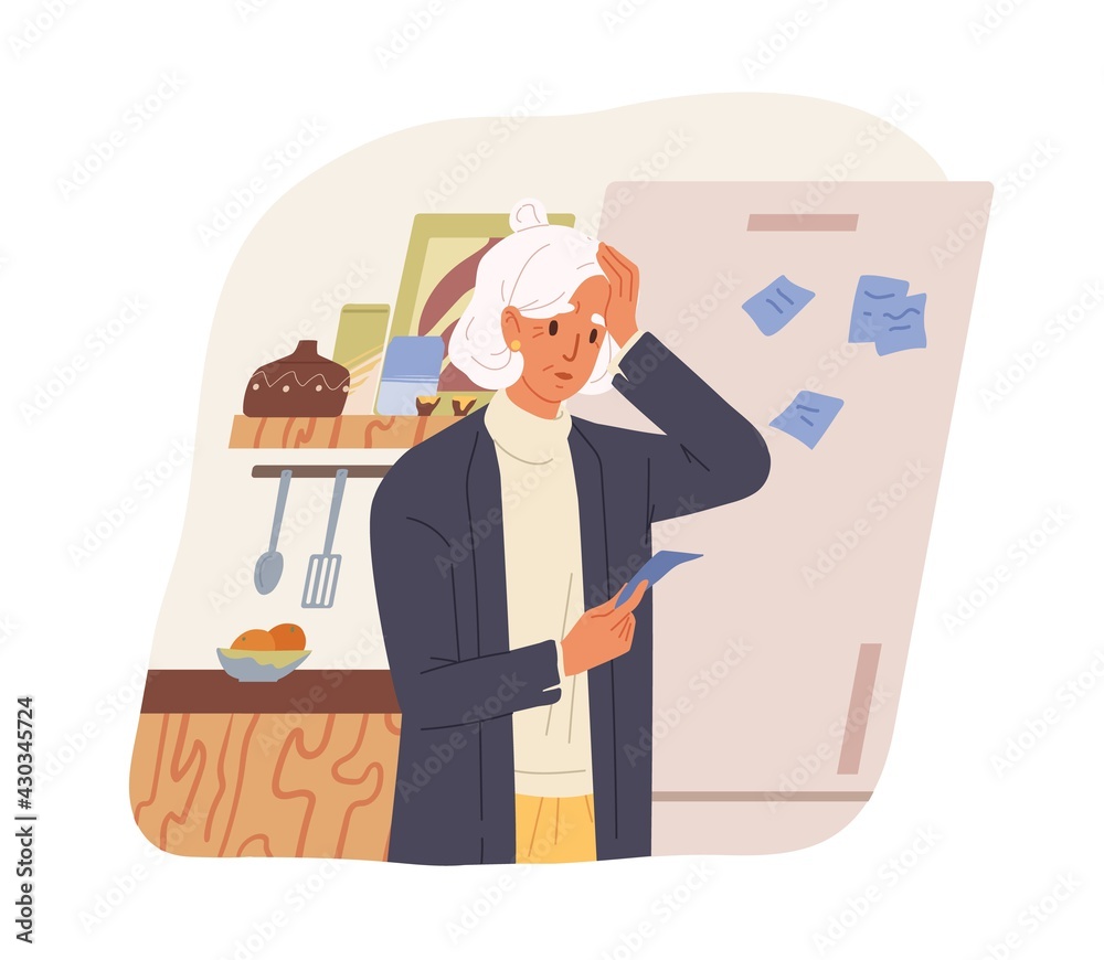 Old woman suffering from dementia or Alzheimer's disease. Memory loss and brain problems concept. Senior person with notes and reminders. Colored flat vector illustration isolated on white background Old woman suffering from dementia or Alzheimer's disease. Memory loss and brain problems concept. Senior person with notes and reminders. Colored flat vector illustration isolated on white background