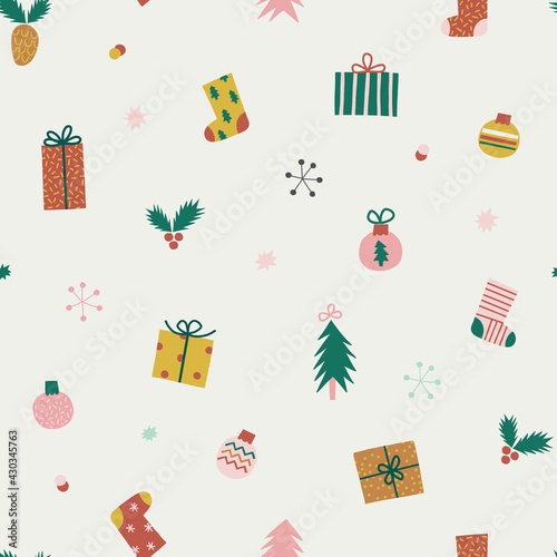 Tiny Christmas decor vector seamless pattern. Christmas party decoration cute elements background. Seasonal winter holidays print design.