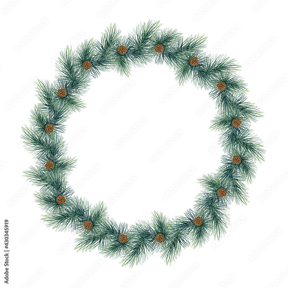 Pine festive wreath. Round Christmas tree seasonal decoration. Watercolor illustration. Christmas evergreen holiday wreath. Winter green natural decor element. White background Pine festive wreath. Round Christmas tree seasonal decoration. Watercolor illustration. Christmas evergreen holiday wreath. Winter green natural decor element. White background