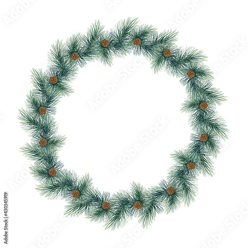 Pine festive wreath. Round Christmas tree seasonal decoration. Watercolor illustration. Christmas evergreen holiday wreath. Winter green natural decor element. White background