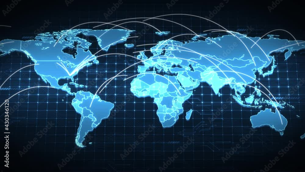 Blue World Political Map Background. Global data transfer lines with digital signals concept animation Blue World Political Map Background. Global data transfer lines with digital signals concept animation