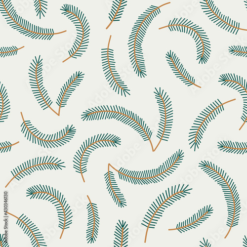 Pine-tree branch vector seamless pattern. Minimalistic decorative winter coniferous background. Christmas holidays simple fir-tree green print design.