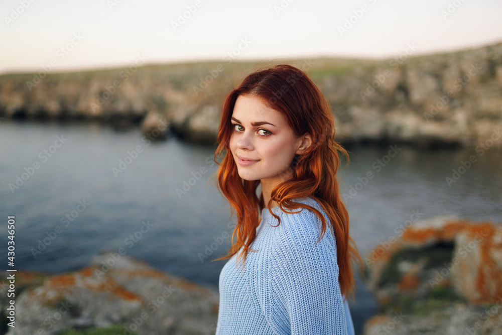 cheerful woman outdoors admiring nature freedom travel landscape cheerful woman outdoors admiring nature freedom travel landscape
