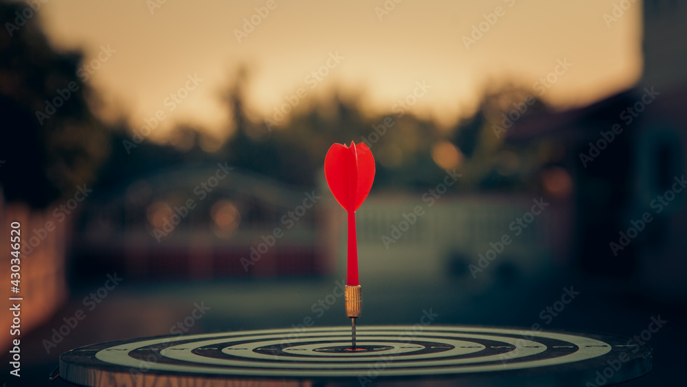 bullseye target or dart board has red dart arrow throw hitting the center of a shooting for business targeting and winning goals business concepts. bullseye target or dart board has red dart arrow throw hitting the center of a shooting for business targeting and winning goals business concepts.