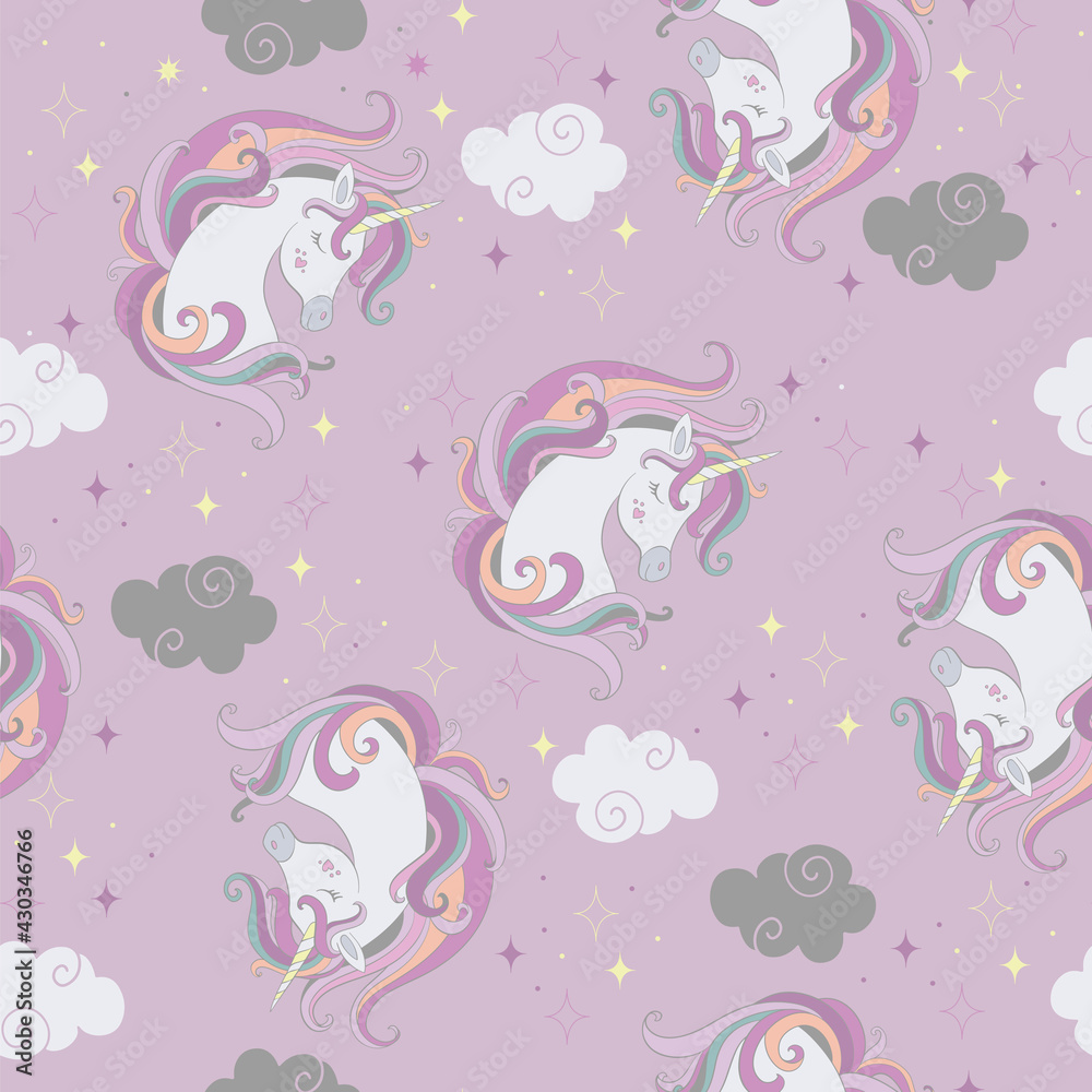 Seamless vector pattern with unicorns heads and clouds