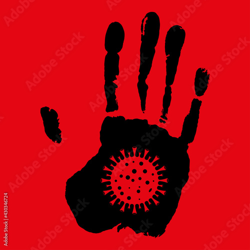 Stop the crown virus. Hand concept with virus symbol. Stop sign and symbol Covid-19. Isolated on white background. Flat style. Vector