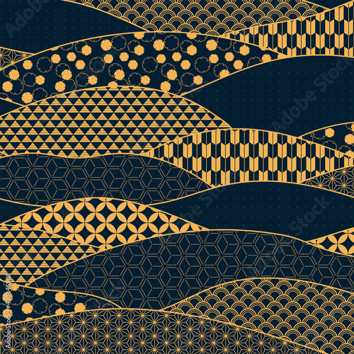 Traditional Asian patterns abstract background, gold on blue. Oriental, eastern style vector illustration. Design concept for Chinese New Year, Mid autumn festival elegant minimal card, poster, banner