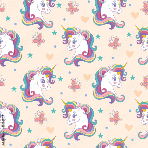 Seamless vector pattern with unicorns heads and butterflies