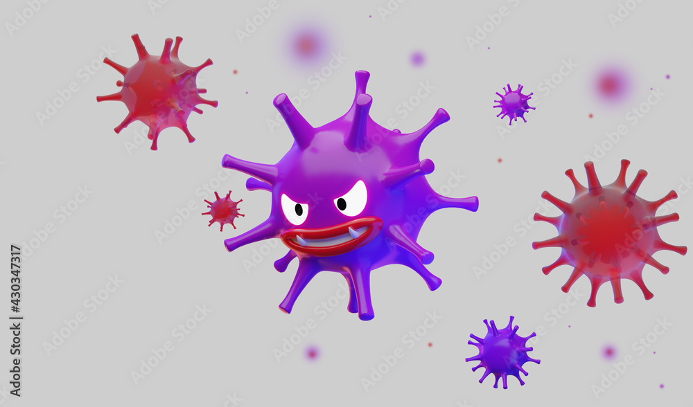 3D rendering illustration of virus characters some are out of focus with some particles on white background, concept illustration 3D rendering illustration of virus characters some are out of focus with some particles on white background, concept illustration