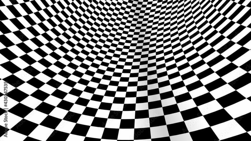 4k Seamless loop. Abstract black and white three dimensional geometrical wormhole motion graphics. Checker optical illusion. Black and white optical illusion tunnel. Surrealism checker moving.