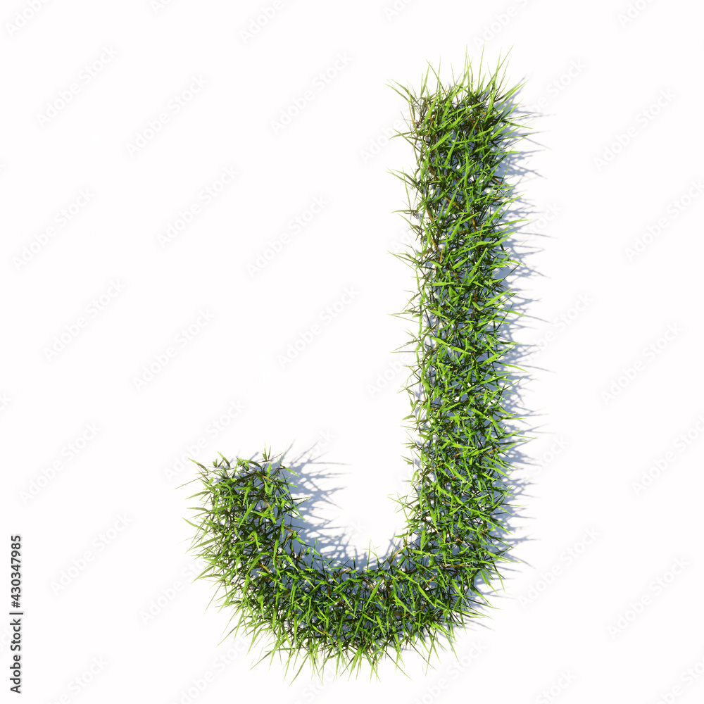 Concept or conceptual green summer lawn grass symbol isolated  white background, the font J . 3d illustration metaphor for nature, conservation, organic, growth, environment, ecology, spring or summer