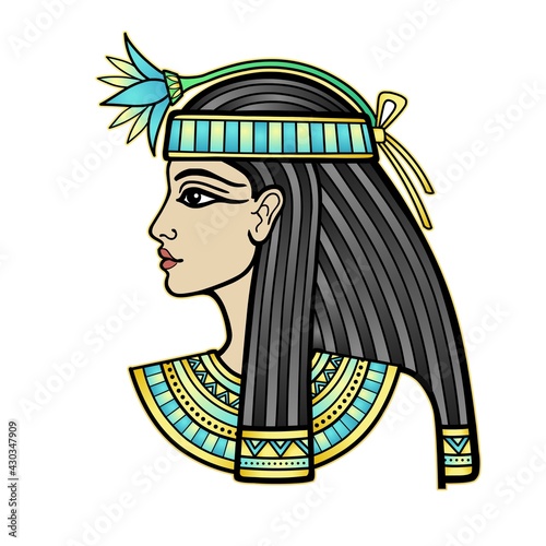 Animation portrait of beautiful Egyptian woman with flower. Goddess, princess. Profile view. Vector illustration isolated on a white background. Print, poster, t-shirt, tattoo.