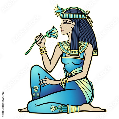 Animation portrait of beautiful Egyptian woman with flower. Goddess, princess. Profile view. Vector illustration isolated on a white background. Print, poster, t-shirt, tattoo.