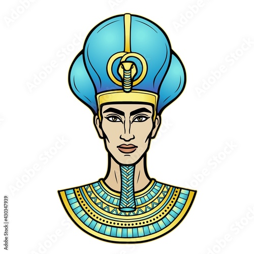 Animation portrait Egyptian man n the military crown. Vector illustration isolated on a white background. Print, poster, t-shirt, tattoo.
