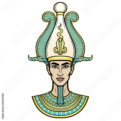 Animation portrait Egyptian man n the crown. God Osiris. Vector illustration isolated on a white background. Print, poster, t-shirt, tattoo.