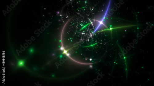 Abstract green and blue stars. Colorful space background with fantastic light effect. Digital fractal art. 3d rendering.