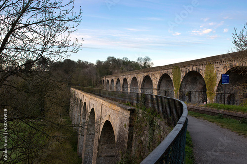 Chirk aqueduct and viaduct on the Llangollen canal, on the border of England and Wales.