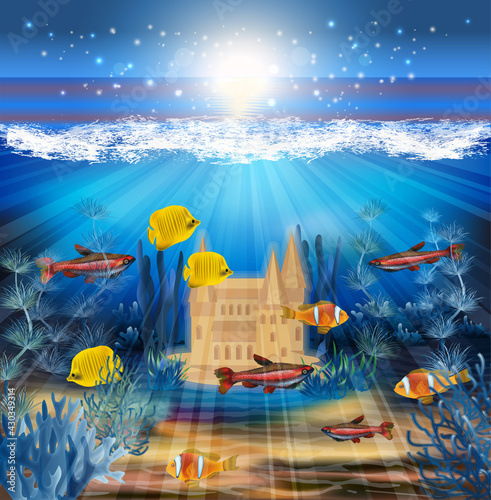 Underwater card with  sand castle, vector illustration