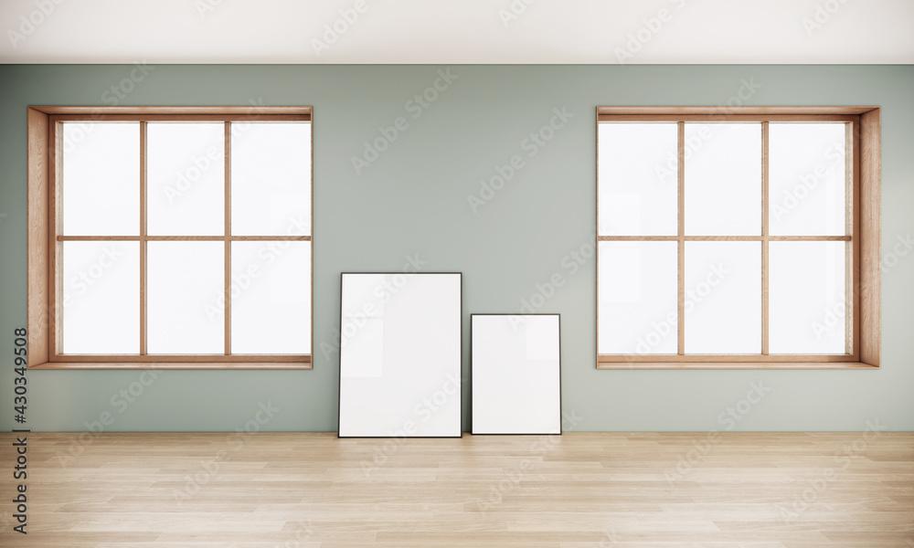 blank picture frames in Japandi style room interior decorating with wood. large window in the room. 3d rendering background blank picture frames in Japandi style room interior decorating with wood. large window in the room. 3d rendering background