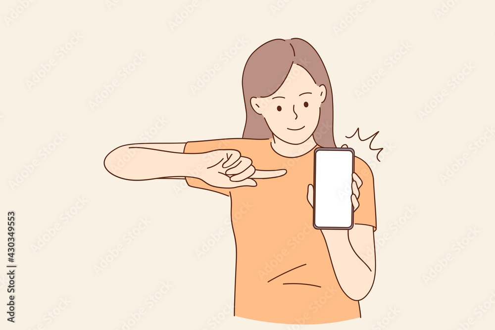Copy space, technology concept. Young smiling girl cartoon character sitting pointing with finger at mobile phone with blank white screen vector illustration Copy space, technology concept. Young smiling girl cartoon character sitting pointing with finger at mobile phone with blank white screen vector illustration