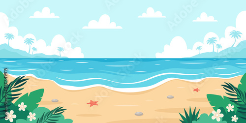 Beach landscape. Seashore with sea star, palms, sea pebbles and tropical plants. Vector illustration