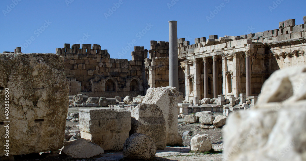 The Great Court at Baalbek's Roman ruins, Lebanon. Baalbek Roman ruins, an UNESCO world heritage, contains some of the best preserved Roman ruins in Lebanon