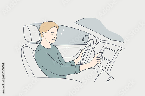 Driving car and modern vehicle concept. Young man cartoon character sitting in comfortable car and pushing button of air conditioning or music vector illustration 