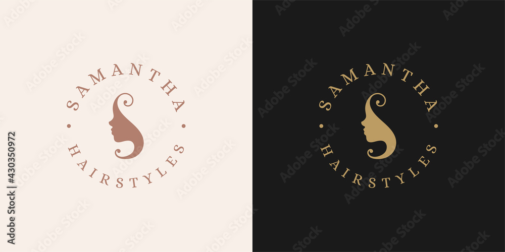 Fototapeta premium Female face with beautiful hairstyle logo template linear vector illustration.