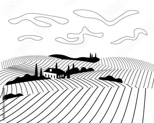 Vineyard wine grapes hills farm poster concept. Romantic rural vines plantation rows landscape in sunny day with villa, fields, meadows and trees. Vector monochrome growing grapevine illustration