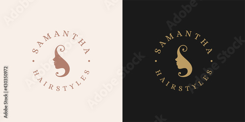 Female face with beautiful hairstyle logo template linear vector illustration.