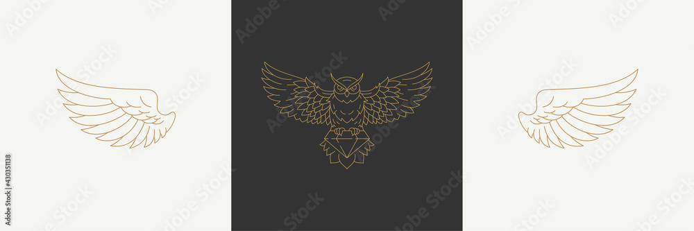 Magic linear wings of nocturnal wild owl in boho linear style vector illustrations set. Magic linear wings of nocturnal wild owl in boho linear style vector illustrations set.