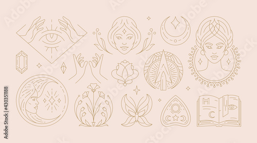 Magic woman boho vector illustrations of graceful feminine women and esoteric symbols set.