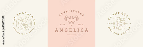 Feminine logos emblems design templates set with female hands gestures vector illustrations minimal line art style