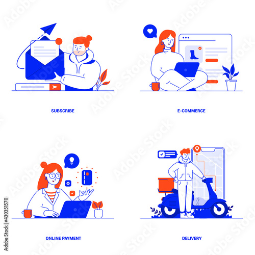 Modern flat color designed concepts of Subscribe, E-Commerce, Online Payment and Delivery. Can be used for Web Project , Applications, Infographics and Print design. Vector Illustration