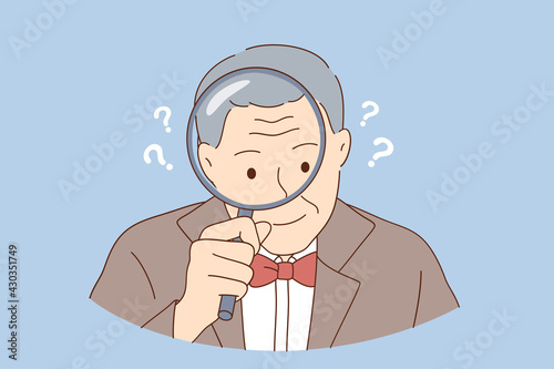 Funny senior people portraits concept. Old stylish grandfather cartoon character acting a investigator with magnifying lens in hand vector illustration 