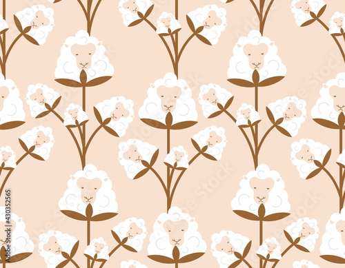 Cotton Sheep pattern seamless. Cotton flower in form of ewe background. vector texture