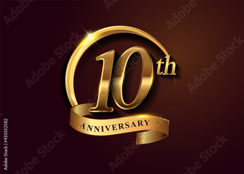 10th golden anniversary logo with gold ring and golden ribbon, vector design for birthday celebration, invitation card.