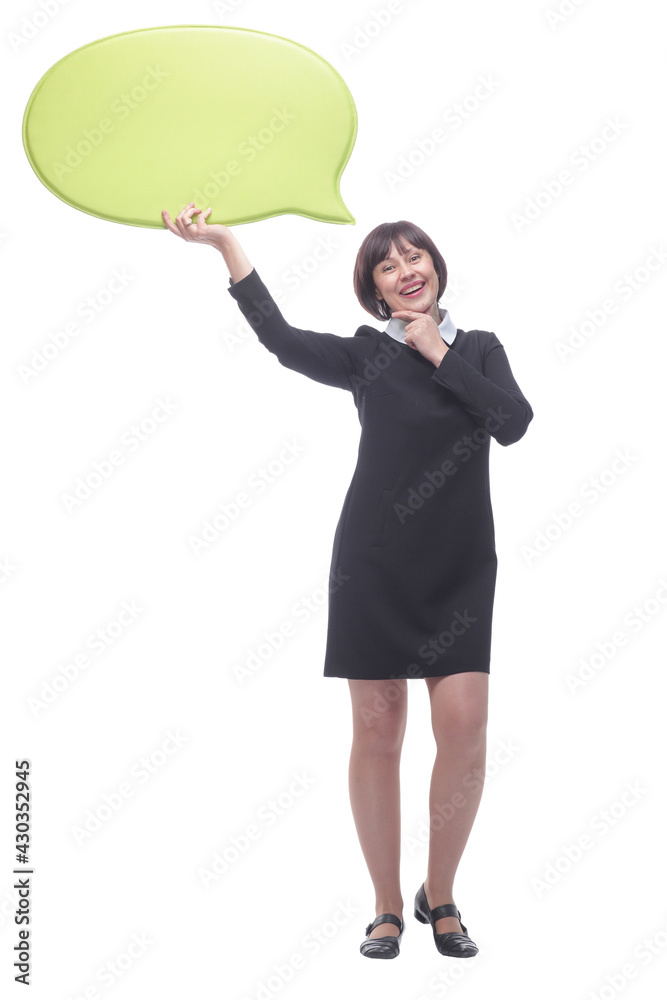 in full growth.a young business woman with a speech bubble. in full growth.a young business woman with a speech bubble.